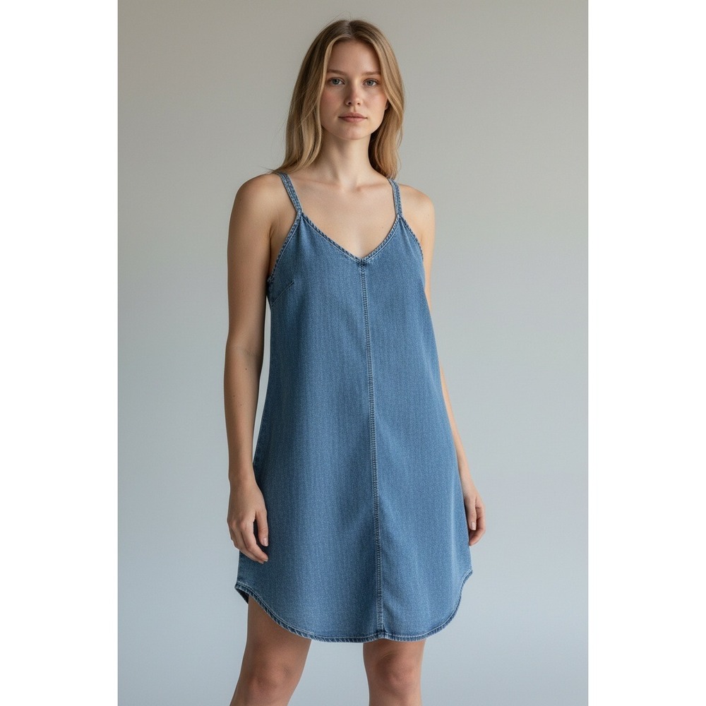 South Main Women Blue Acid Wash Denim Mini Shift Dress Small‎ V-Neck Sleeveless